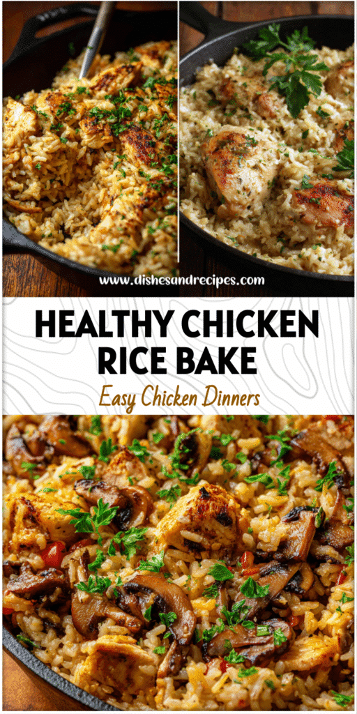 Cast iron skillet filled with baked gluten and dairy free chicken and rice casserole topped with parsley.